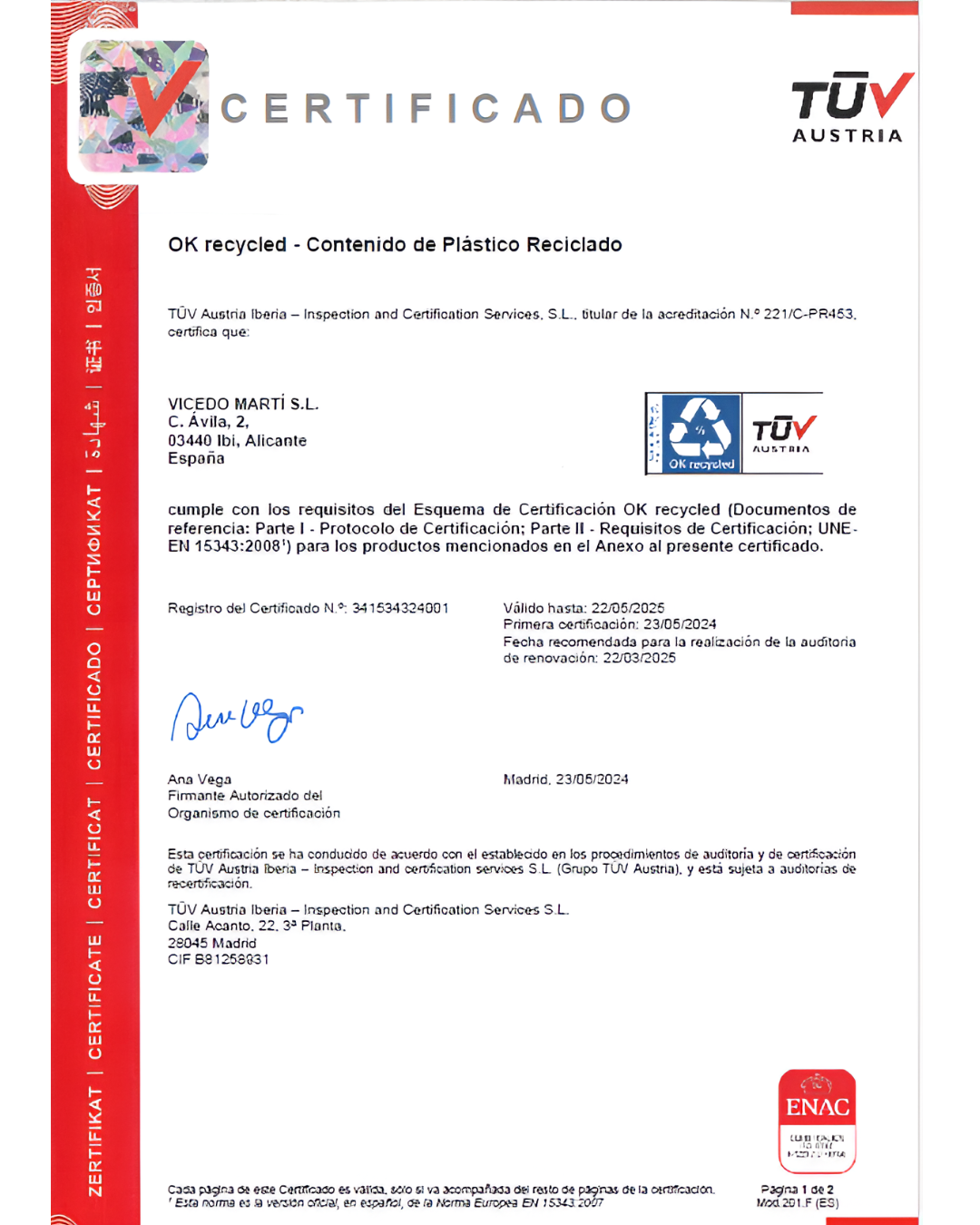 Vicedo Martí S.L. ha obtenido el certificado OK Recycled de TUV Austria.